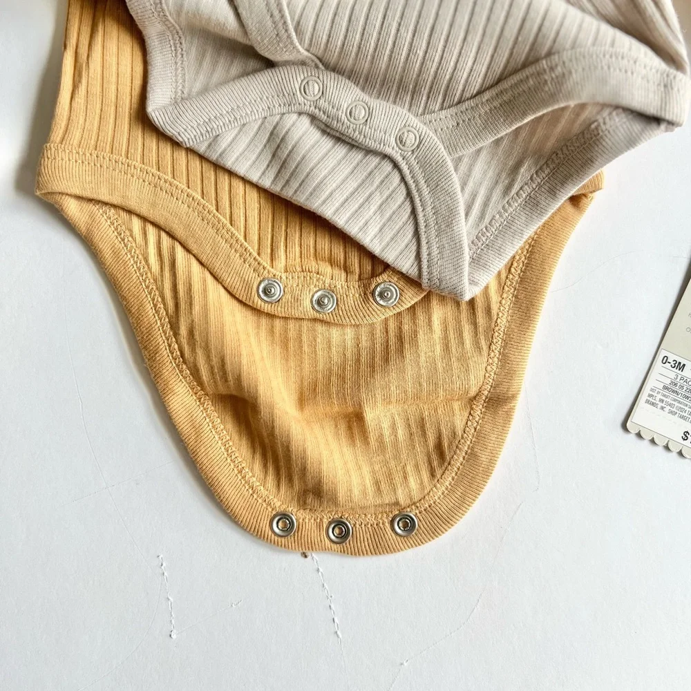 2 Cloud Island 3pc Ribbed Cream and Tan Baby Bodysuit Set Long Sleeve Bird Print - Picture 6 of 13